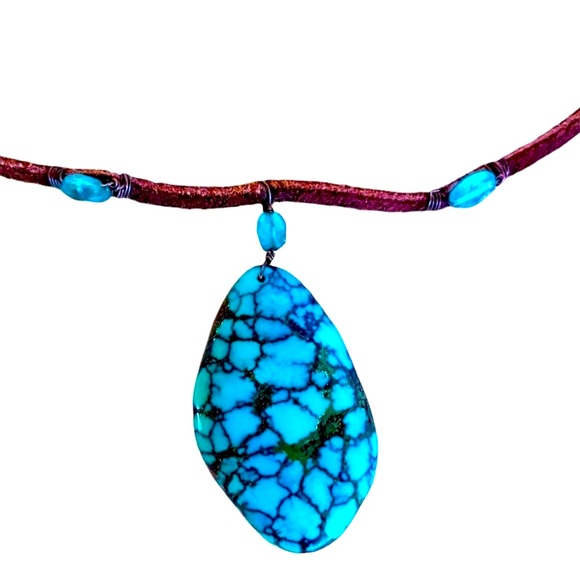 Spiderweb Bisbee Turquoise Bright Blue Topaz Gems Wire Wrapped Leather Necklace